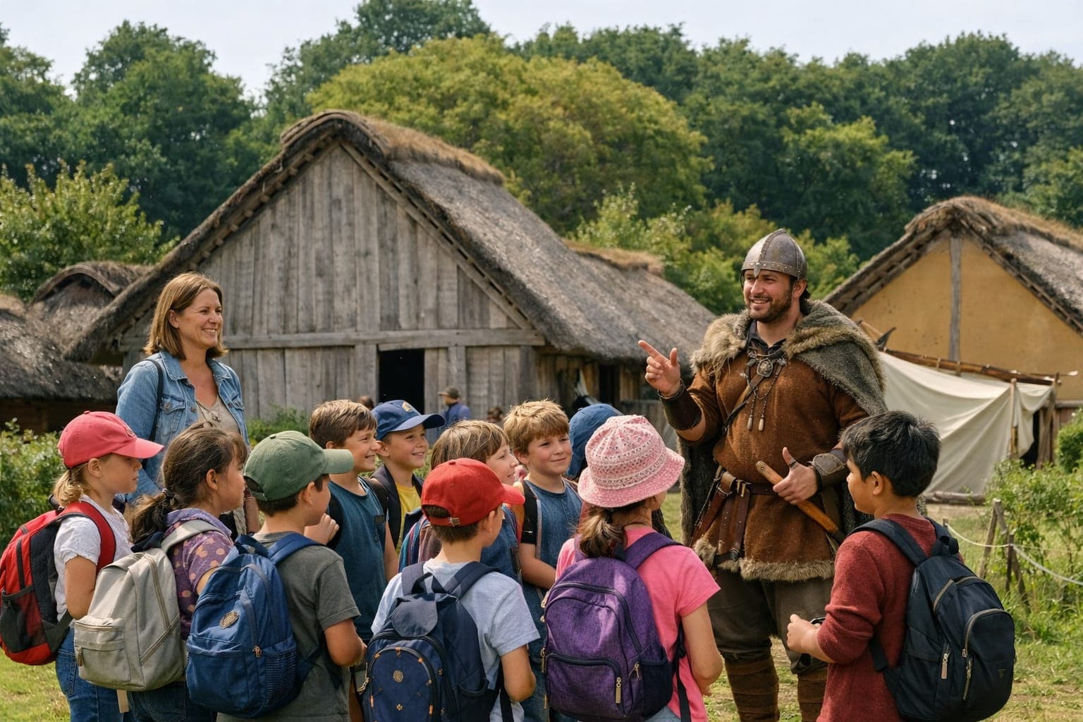 Museumsführung für eine Schulklasse durch das Wikingerdorf